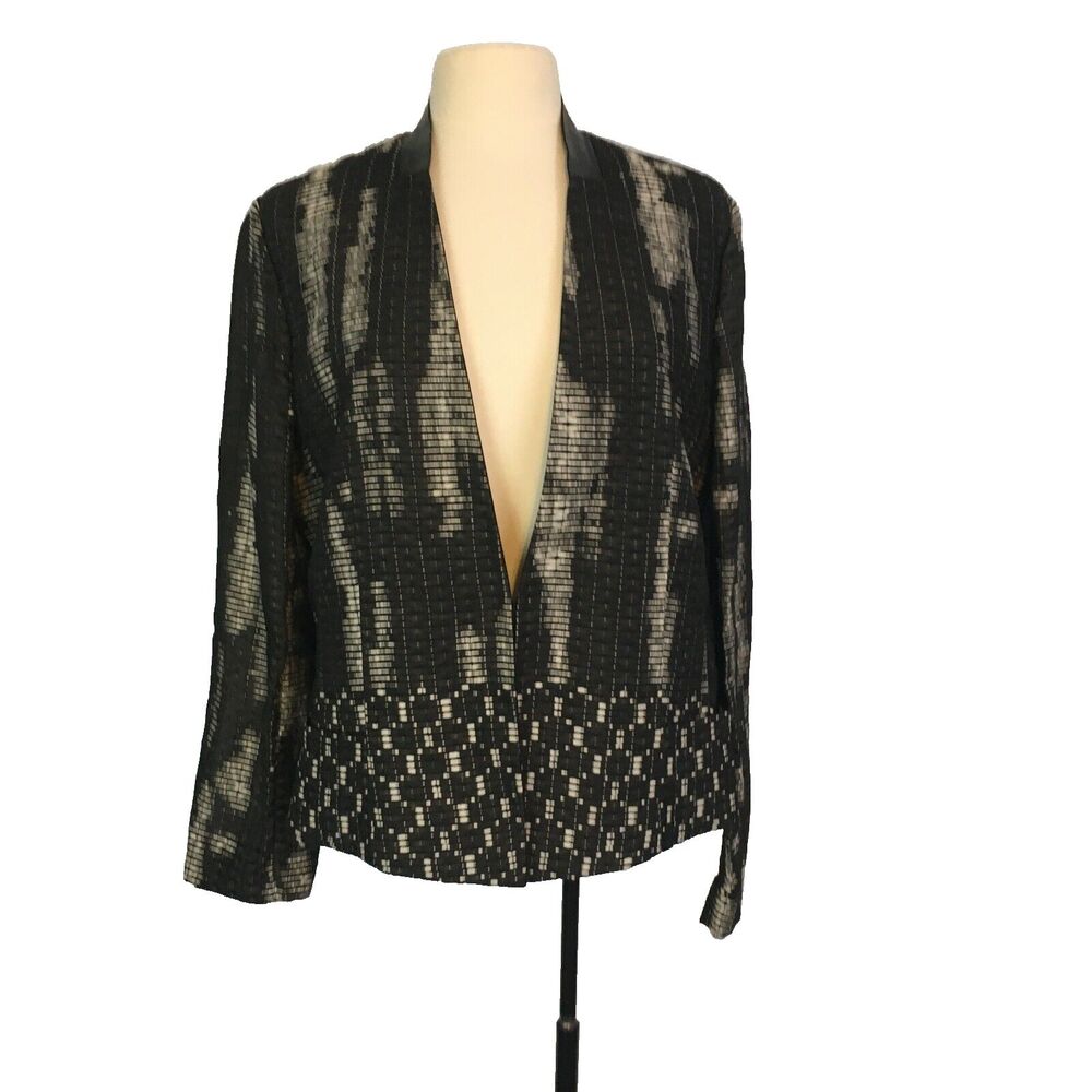 Elie Tahari Womens Black White Abstract Woven Open Front Jacket, Blazer,‎ sz 16,